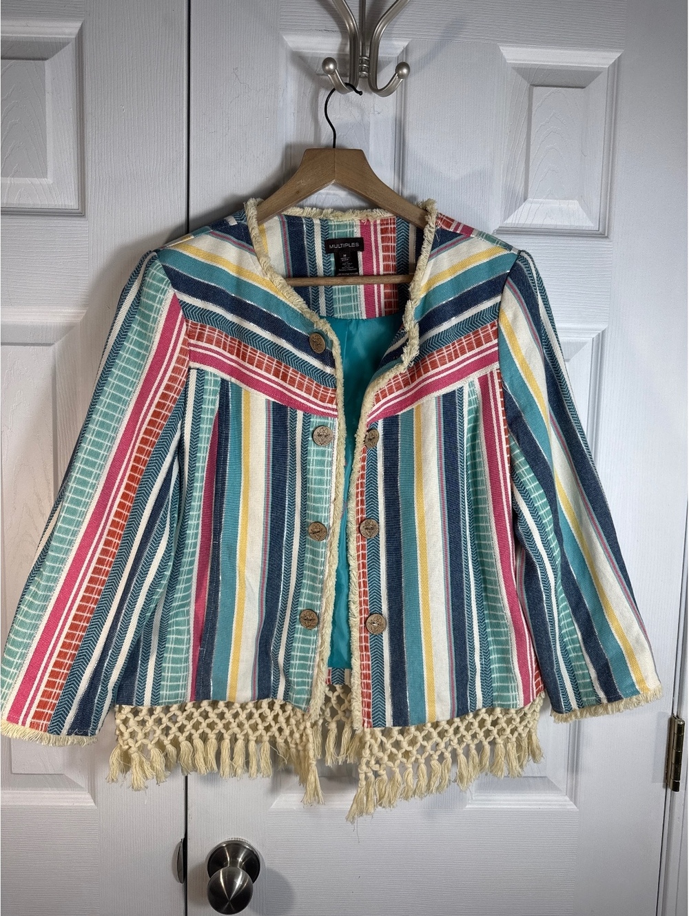 Multiples Medium Striped Button-Up Jacket with Fringe Trim